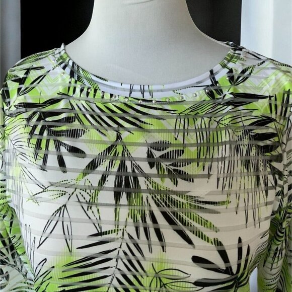 Hearts Of Palm Womens Green Black Print Quarter Sleeve Sheer Tunic Top Small - Picture 7 of 8